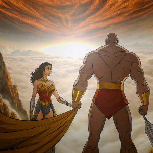 Gal Gadot as Wonder Woman and a muscular male character, in a bold comic book panel. Dramatic backdrop with fiery skies and epic landscapes