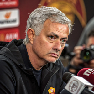Jose Mourinho, head coach of AS Roma, intense stare during press conference.