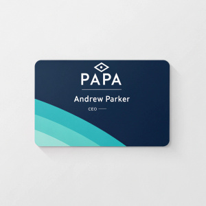 Business card design for Andrew Parker. CEO and founder of Papa. Dark background with light teal and navy gradient. Papa logo and contact details. Sleek and professional aesthetic.