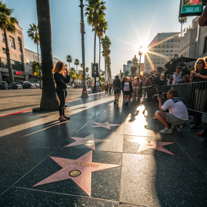 Judy Garland's star on Hollywood Boulevard. Surrounded by tourists and photographers. Bright sunny day.