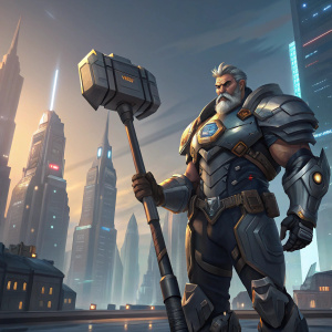 Overwatch hero Reinhardt, muscular build, bearded face, stern expression. Standing in front of futuristic cityscape.