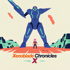 Promotional artwork for Xenoblade Chronicles X showcasing a towering mechanical entity with a sleek, metallic design and hues of blue and silver. The figure looms over a rocky terrain, surrounded by small humanoids. Behind them, an alien landscape with rocky formations and distant buildings. The game title 'Xenoblade Chronicles X' is displayed prominently.