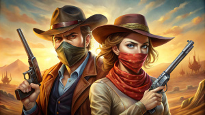 cowboy and cowgirl with bandana covering face with guns