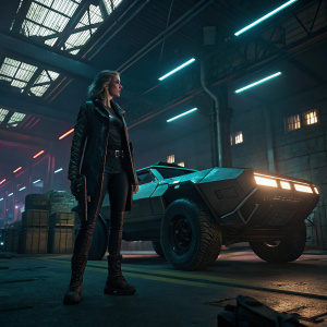 Claire Russell, a character from Cyberpunk 2077, standing in a dimly lit warehouse. Beside a massive futuristic vehicle.