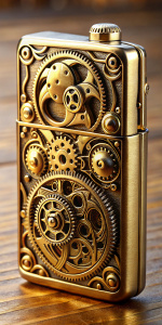 a beautiful golden Zippo lighter in steampunk style lies flat on the table photo