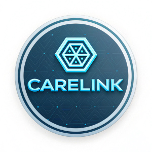 CareLink logo, a mesmerizing blend of sleek geometric shapes and soft tones. The word 'CareLink' in bold, icy blue font, perfectly aligned below the emblem. Ideal for modern marketing and digital platforms.
