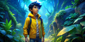 Una jungla oscura. Un joven, pelo negro, ojos azules, campera amarilla, mochila negra, pantalón largo blanco, caminando contento. Disney Pixar 3d