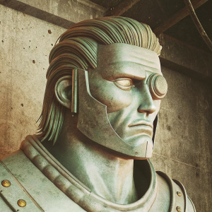 3D digital model of Franky's head from One Piece anime. Detailed, realistic textures. Unique hairstyle, facial features meticulously rendered. Futuristic cyberpunk theme.