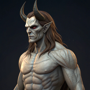 Illustration of a muscular demon with humanoid upper body, sculpted pale face, long brown hair, and sharp horns. Standing confidently with menacing expression. Dark background highlights detailed form and textures. Digital 3D render.