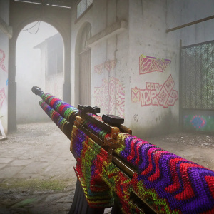 A vibrant CS:GO skin, featuring a kaleidoscope of colors including purple, green, and red. Graffiti-styled walls serve as the backdrop.