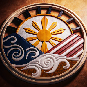 A modern logo design featuring vibrant colors and Filipino typography elements on a warm, brown backdrop.