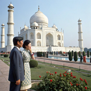 Crown Prince Akihito and Crown Princess Michiko, visiting Taj Mahal. Tourists in the background taking photos.