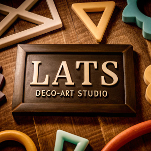 The LATS Deco-Art Studio logo features 'LATS' at the forefront, set against a glossy black backdrop. The text is in a bold, sans-serif font surrounded by vibrant, abstract geometric shapes in contrasting white hues.