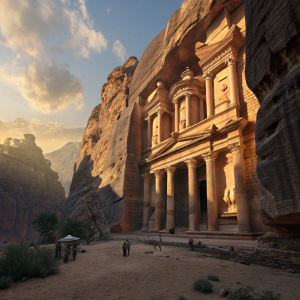 High-tech 3D rendering of Petra. Golden sunlight, casting dramatic shadows on intricate stone architecture, including iconic columns and towering structures.