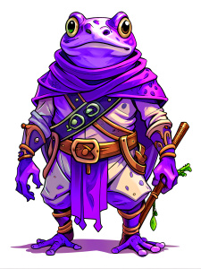 A character illustration of a dnd style adventure frog vibrant colors