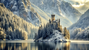 you see a castle, which stands directly on the shore of a lake. behind the castle is a wintry forest. high rock faces rise above the forest