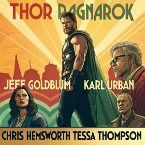 Movie poster for 'Thor: Ragnarok'. Chris Hemsworth, muscle-bound hero, stands in the center. Surrounded by a diverse cast including Tessa Thompson, Jeff Goldblum, and Karl Urban. Vibrant colors dominate the scene, with shades of orange, yellow, and green.