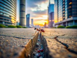 “The Ant’s Odyssey” Zoom in on a single ant navigating a crack in the pavement. Its tiny legs carry it across the rough surface, juxtaposed against the vastness of the city around it. Describe the ant’s determination, the way it defies scale, and how its journey becomes an epic adventure.