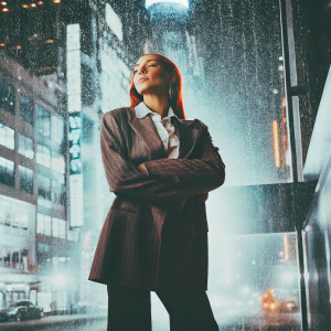 Photograph of Jorja Smith, Caucasian, red hair, in a stylish outfit. Posed in front of a neon-lit cityscape.