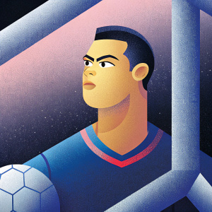 Digital ad featuring Cristiano Ronaldo on football-themed website. Dark background. Close-up of his face. Muted gray and pink color scheme. Highlighting athletic apparel features such as speed, accuracy, and timing.