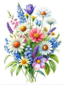 bouquet of wildflowers, daisies, bluebells, lupines