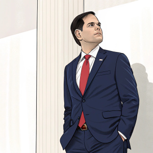 Drawing of Marco Rubio, in a navy suit and red tie. Simple backdrop.