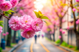 Blooming sakura flowers, close-up. Cherry blossoms in the street. The Japanese symbol. Spring background with pink petals