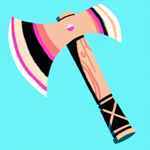 Iconic Labrys Lesbian Pride Flag logo featuring a stylized axe with bold white and black contrast. The design includes both the axe head and handle on a sleek black background.