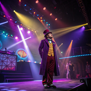 Richie Lillard, dressed as Willy Wonka, center stage at OHM Nightclub, Hollywood. Vibrant stage lights and colored spotlights. Backdrop filled with stage equipment and dramatic lighting setup.