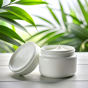 soft diffused light, close-up, a WHITE OPEN JAR with face cream stands next to a bowl containing white dry clay on a light surface. against a background of green leaves, spa salon




