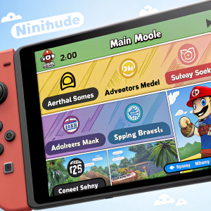 A screenshot from Super Smash Bros Ultimate, showcasing the main menu with colorful banners, character icons, and various options such as Adventure Mode and settings.