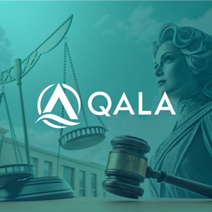 Modern graphic design for movie 'Qala'. Teal color scheme. Abstract symbol on left, 'Qala' in bold font on right.