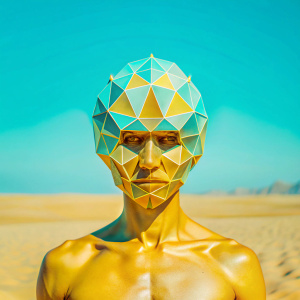 The focus is primarily on the figure with the geometric head, with a slight bokeh effect blurring the background and some foreground elements to emphasize the central subject. The photo captures a moment of intense creativity and experimentation, set against the backdrop of a surreal, cyberpunk-infused desert festival.