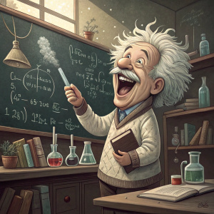 Cartoon depiction of Albert Einstein, laughing, in a science lab with chalkboard behind him.