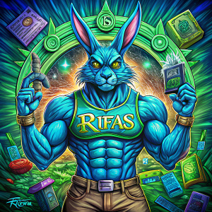  Logo de conejo musculoso con playera azul y de fondo premios como celulares xbox playstation y dinero para empresa de rifas donde predomine el color verde de la suerte con el texto Rifas un espacio y luego el texto MX 
