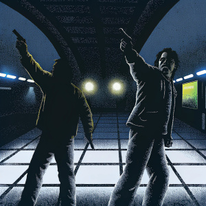 Promotional poster for Narcos. Actors in dramatic poses. Subway station setting with tiled floor, flickering lights, and other ads in background.