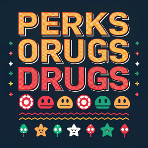 Title: PÉRKS ORUGS DRUGS DRUGS

Retro Pixel Art Design:
8-bit characters and symbols, neon colors against a dark background, reminiscent of early video games.