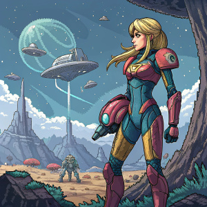 Samus Aran in an 8-bit style pixel art game scene. Futuristic landscape with space ships and alien structures