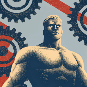 Digital poster for Wolfenstein: The New Order. Focus on muscular male protagonist with blonde hair, fierce expression. Stylized with repeating gear motifs, bold red and black on white background.