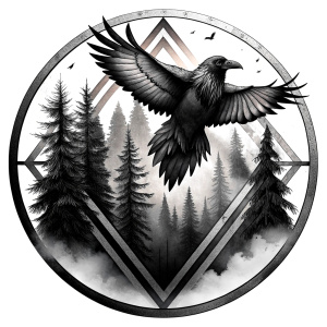 vegvisir runes geometric symbol - raven and trees - tattoo design - perfect realistic art - high-definition - grey and black - white background 