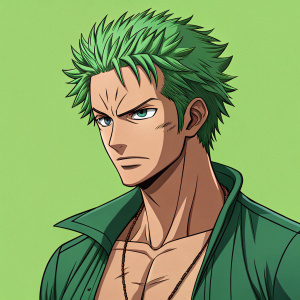 Roronoa Zoro, young male with spiky hair, intense look, partially unbuttoned shirt, lime-green backdrop. Anime style, thick outlines, sharp shapes.