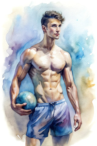 A  cute muscled shirtless man with short hair, wearing shorts, holding a cricket ball in right hand