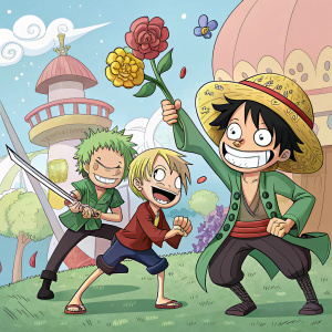 Luffy, Zoro, Sanji, and Usopp from One Piece posing in a whimsical scene, with exaggerated facial expressions and comedic poses.