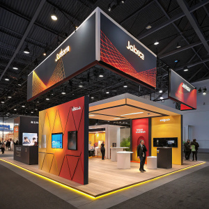 Modern Jabra booth at CES. Geometric design elements, warm lighting, and vibrant colors attract visitors. Interactive displays and engaging exhibits.