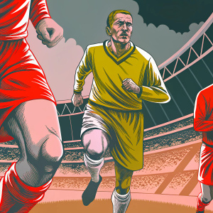 Cristiano Ronaldo, wearing a yellow jersey, running onto the field during a football match, intense look on his face.