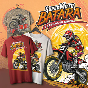 Vibrant graphic design for Supermoto Batara featuring promotional materials like t-shirts. Layered illustrations in sketch and detailed styles. Bold and dynamic, with rich color palette of bright and muted tones.