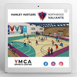 Desktop screenshot showcasing Instagram post about upcoming basketball match. Hanley Hustlers vs Northwood Valiants at YMCA Sports Centre. Event details, team logos, and venue information displayed.