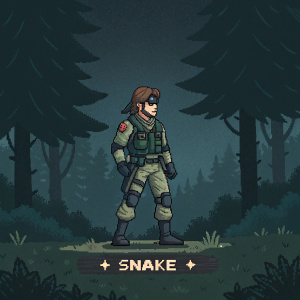 A pixel art depiction of a male figure resembling Solid Snake. Wearing military fatigues, he stands vigilantly in front of a dark forest background. The artwork includes a text label identifying the character as Snake from the Metal Gear Solid series.