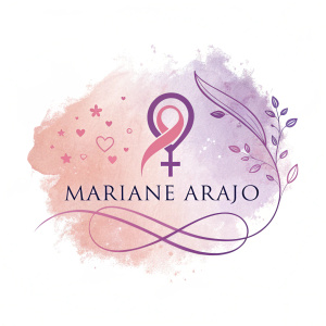 Watercolor style logo for Mariane Arajo. Featuring abstract feminine symbol. Delicate pink and lavender tones.