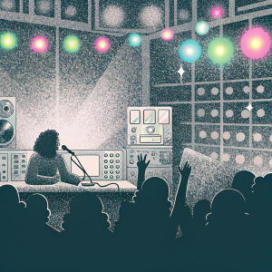 Howard Stern, hosting a podcast. Studio filled with high-tech audio equipment, colorful lighting, and a vibrant audience.